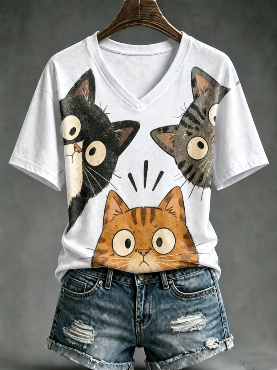 T-shirt femme à manches courtes avec imprimé mignon de chat