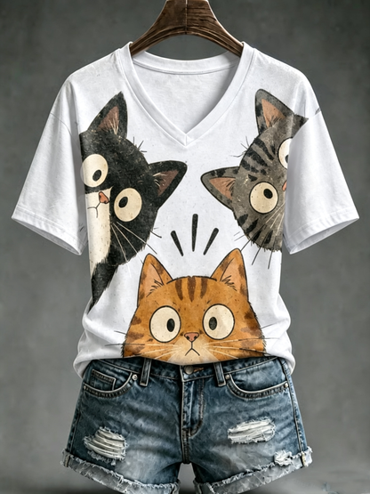 T-shirt femme à manches courtes avec imprimé mignon de chat