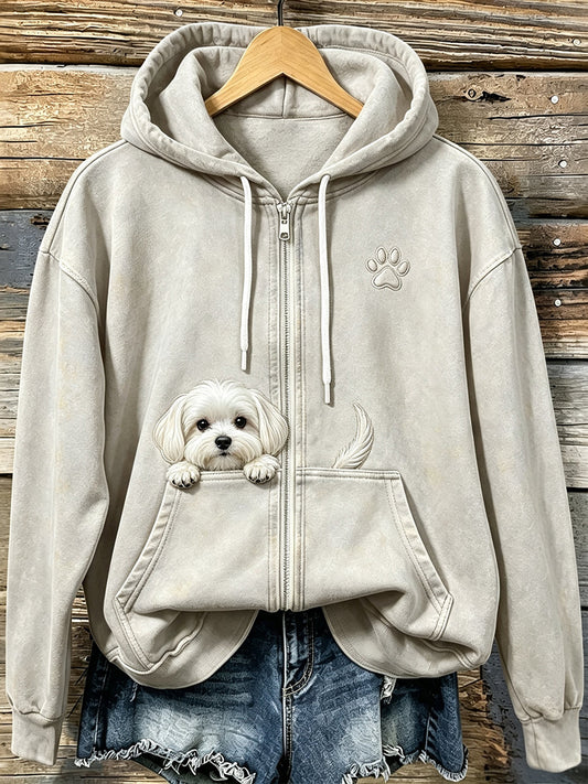 Mignon Peeking Maltais chien avec patte Imprimer confortable Zip-Up Hoodie
