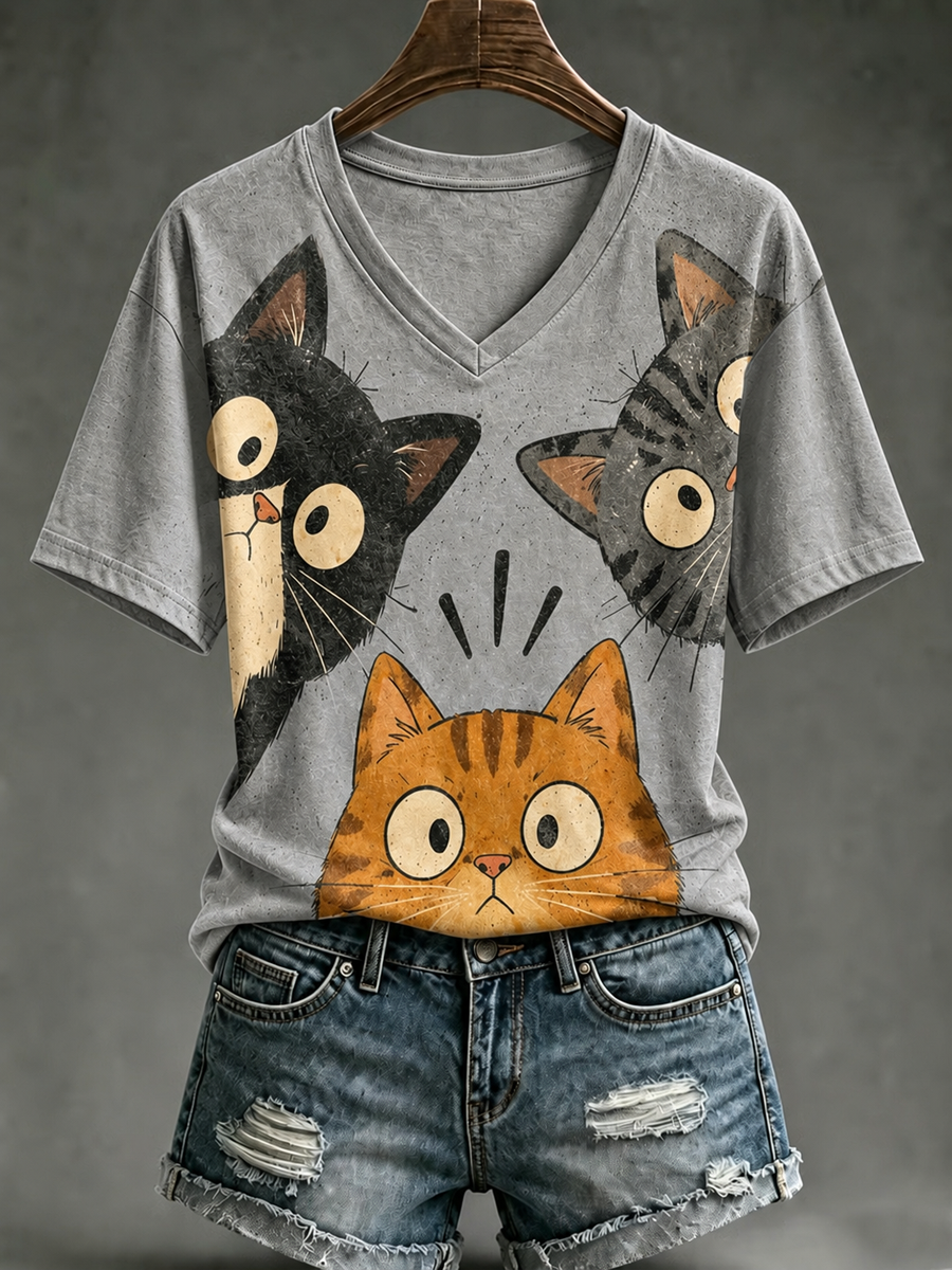 T-shirt femme à manches courtes avec imprimé mignon de chat