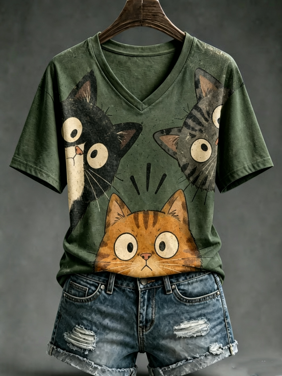 T-shirt femme à manches courtes avec imprimé mignon de chat