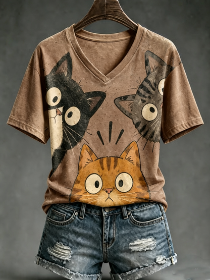 T-shirt femme à manches courtes avec imprimé mignon de chat