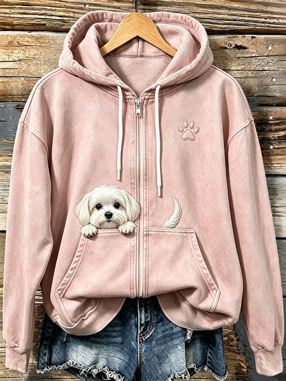Mignon Peeking Maltais chien avec patte Imprimer confortable Zip-Up Hoodie