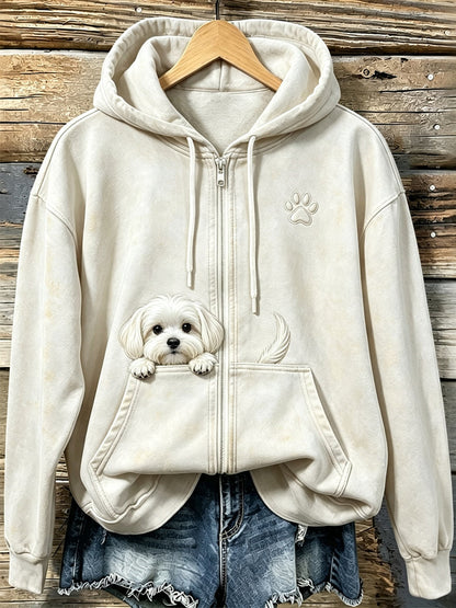 Mignon Peeking Maltais chien avec patte Imprimer confortable Zip-Up Hoodie