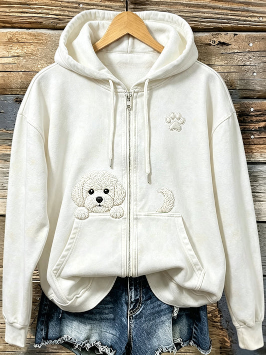 Femme Cute Peeking Bichon Frize avec Patte Imprimer Cozy Zip-Up Hoodie