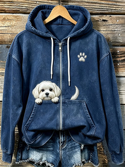 Mignon Peeking Maltais chien avec patte Imprimer confortable Zip-Up Hoodie