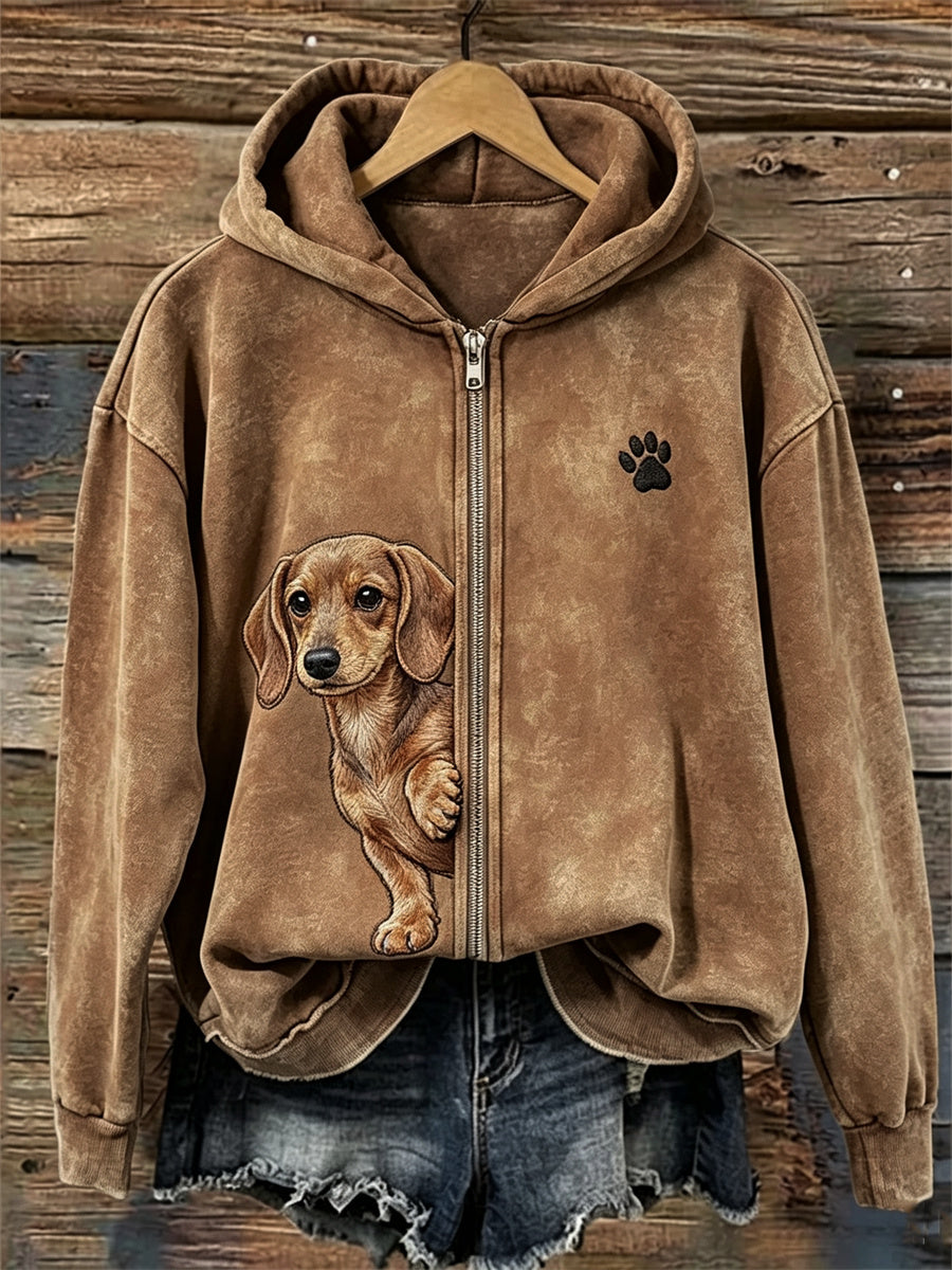 Sweat à capuche zippé intégral pour femme, motif d’affiche de teckel et empreintes de pattes
