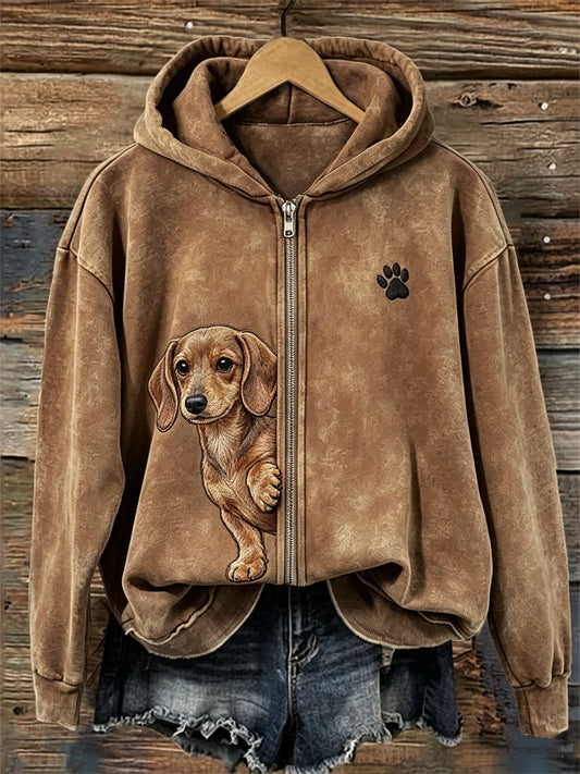 Sweat à capuche zippé intégral pour femme, motif d’affiche de teckel et empreintes de pattes