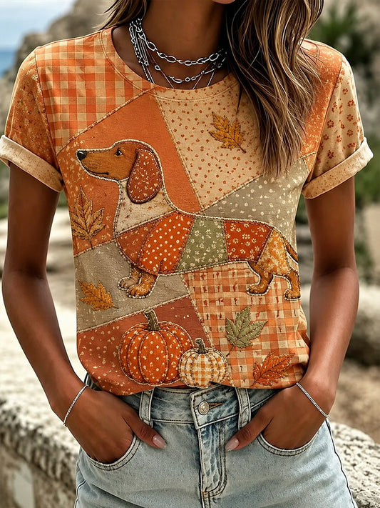 T-shirt décontracté à imprimé patchwork d'automne pour femmes