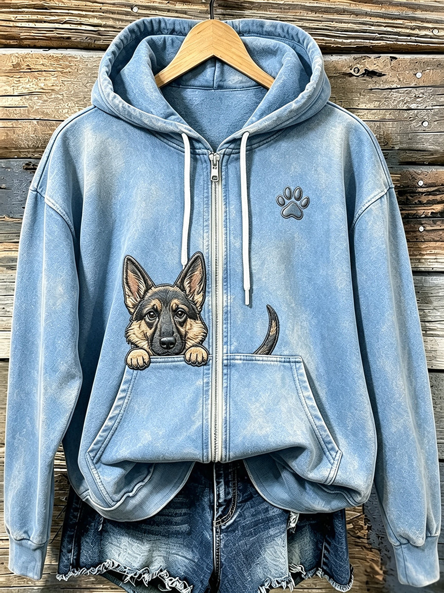 Femmes Cute Peeking berger allemand avec patte Imprimer confortable Zip-Up Hoodie