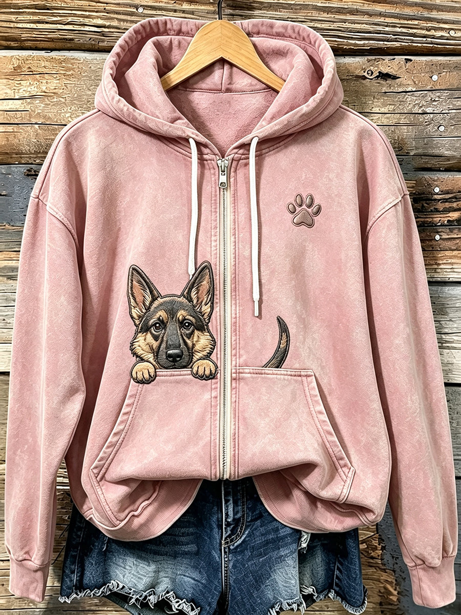Femmes Cute Peeking berger allemand avec patte Imprimer confortable Zip-Up Hoodie