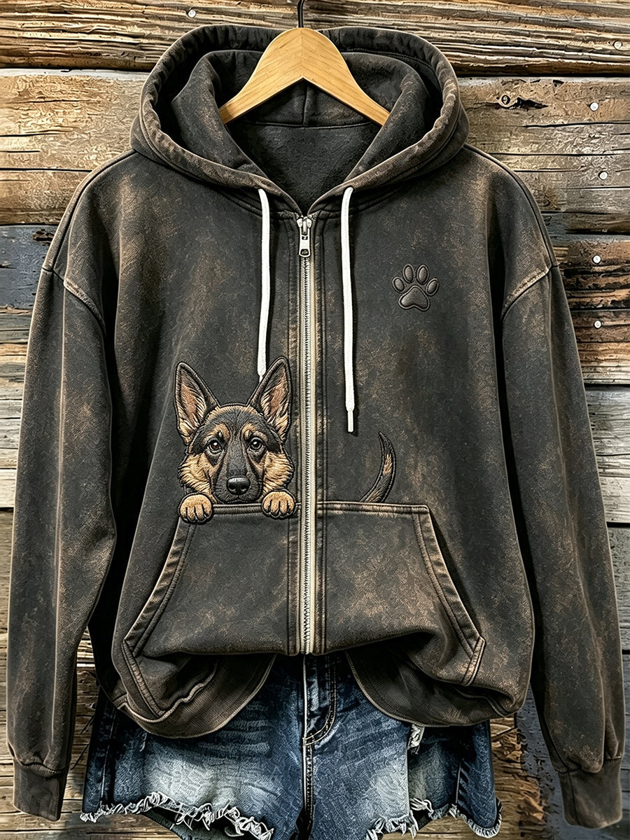 Femmes Cute Peeking berger allemand avec patte Imprimer confortable Zip-Up Hoodie