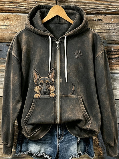 Femmes Cute Peeking berger allemand avec patte Imprimer confortable Zip-Up Hoodie