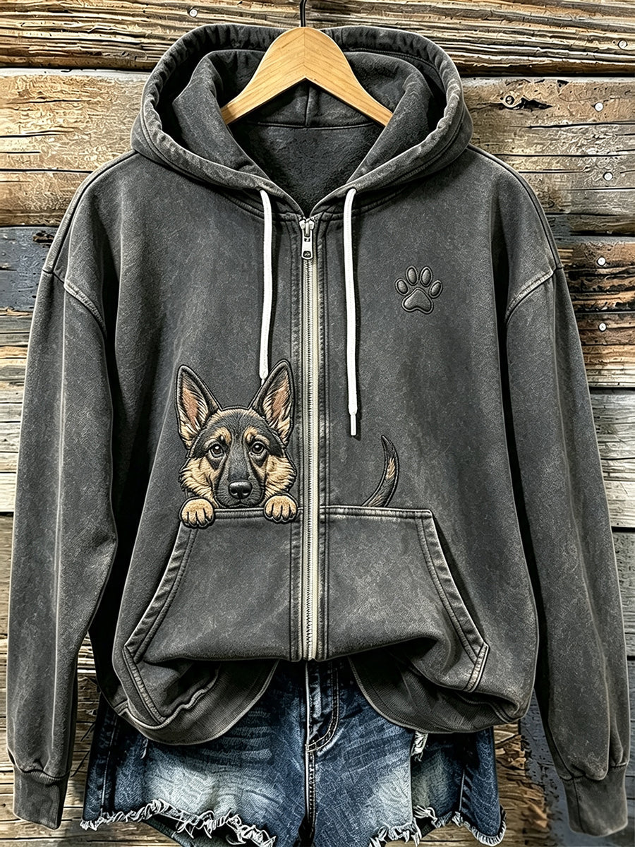 Femmes Cute Peeking berger allemand avec patte Imprimer confortable Zip-Up Hoodie