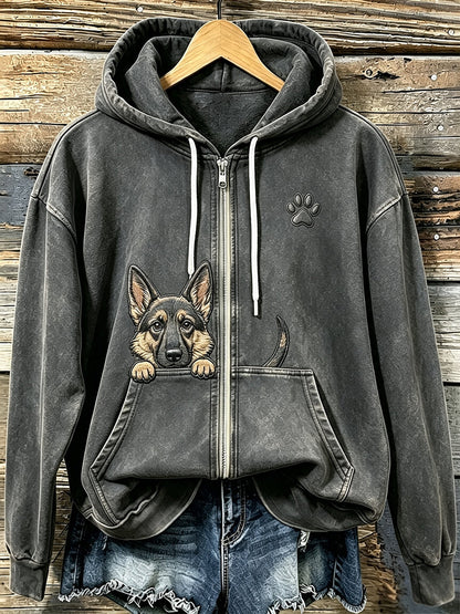 Femmes Cute Peeking berger allemand avec patte Imprimer confortable Zip-Up Hoodie