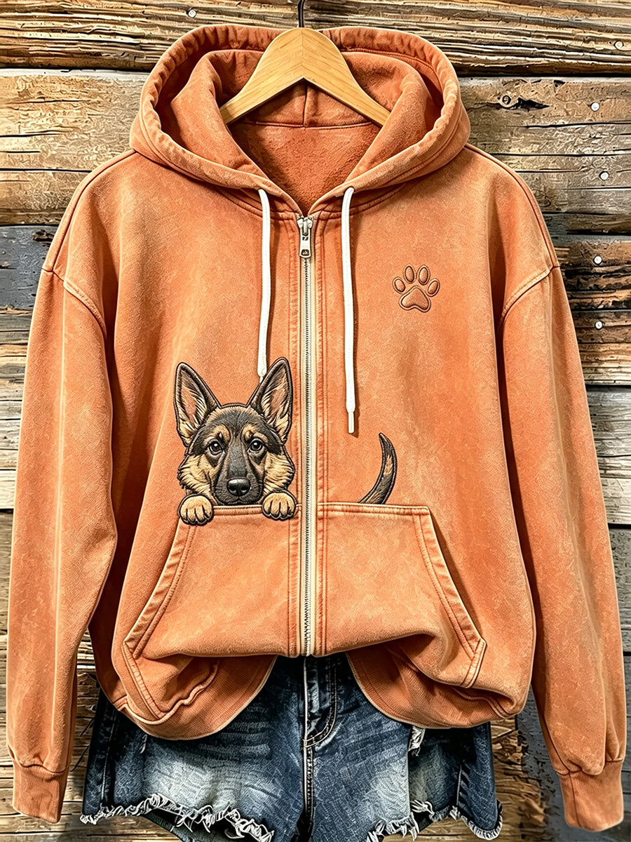 Femmes Cute Peeking berger allemand avec patte Imprimer confortable Zip-Up Hoodie
