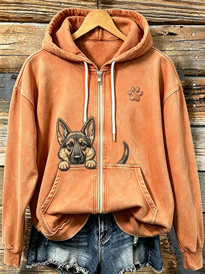 Femmes Cute Peeking berger allemand avec patte Imprimer confortable Zip-Up Hoodie