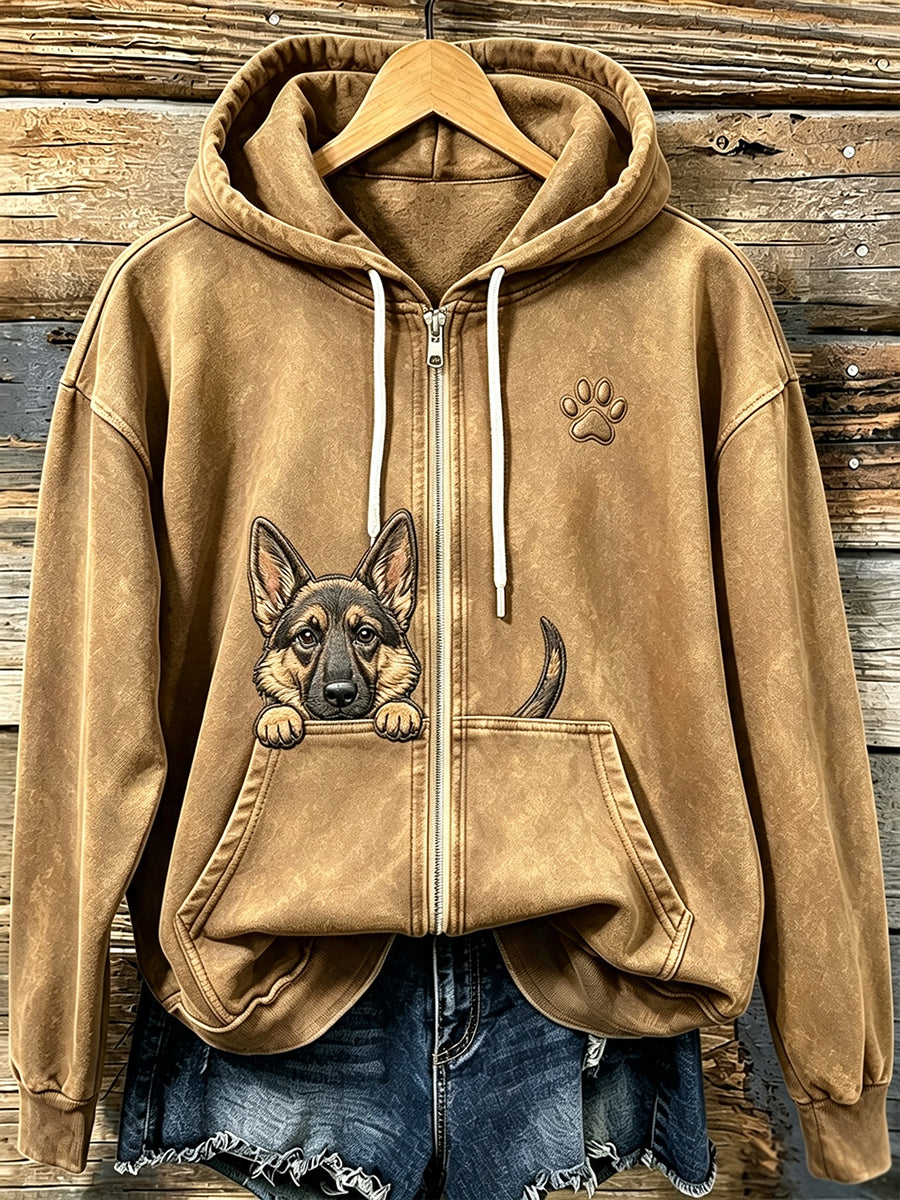 Femmes Cute Peeking berger allemand avec patte Imprimer confortable Zip-Up Hoodie