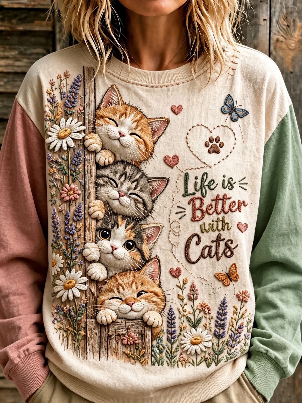 Sweat-shirt décontracté à imprimé chat et floral pour femmes