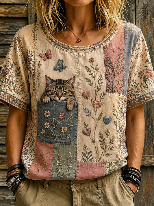 T-shirt à manches courtes décontracté imprimé Cat Lover Day pour femme