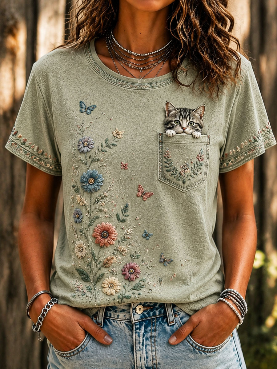 T-shirt décontracté à manches courtes imprimé pour la Journée des amoureux des chats, modèle femme
