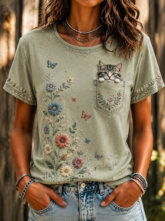 T-shirt décontracté à manches courtes imprimé pour la Journée des amoureux des chats, modèle femme