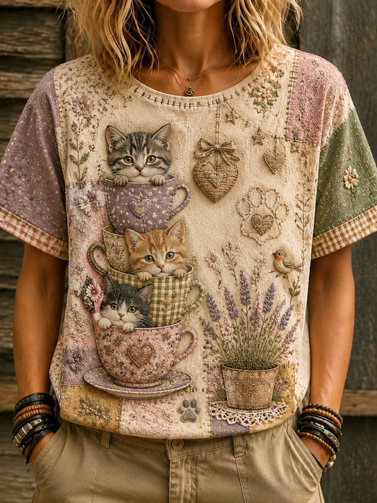 T-shirt décontracté imprimé pour la Journée des chats et de l’amour des femmes