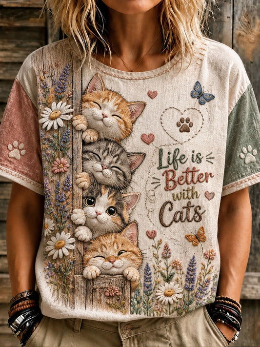 T-shirt décontracté à manches courtes imprimé pour la Journée des amoureux des chats, modèle femme