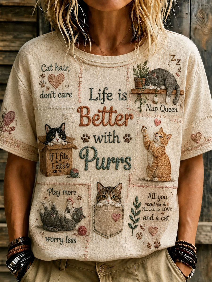 T-shirt décontracté à manches courtes imprimé pour la Journée des amoureux des chats, modèle femme