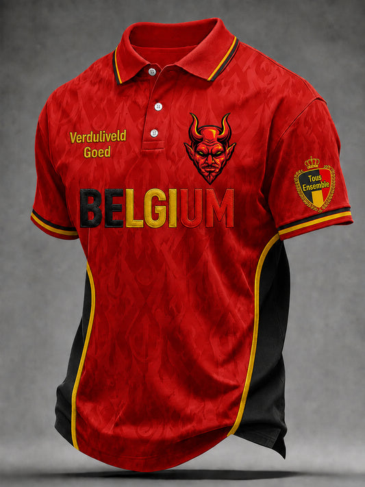 Chemise à manches courtes décontractée col polo à imprimé football belge pour hommes