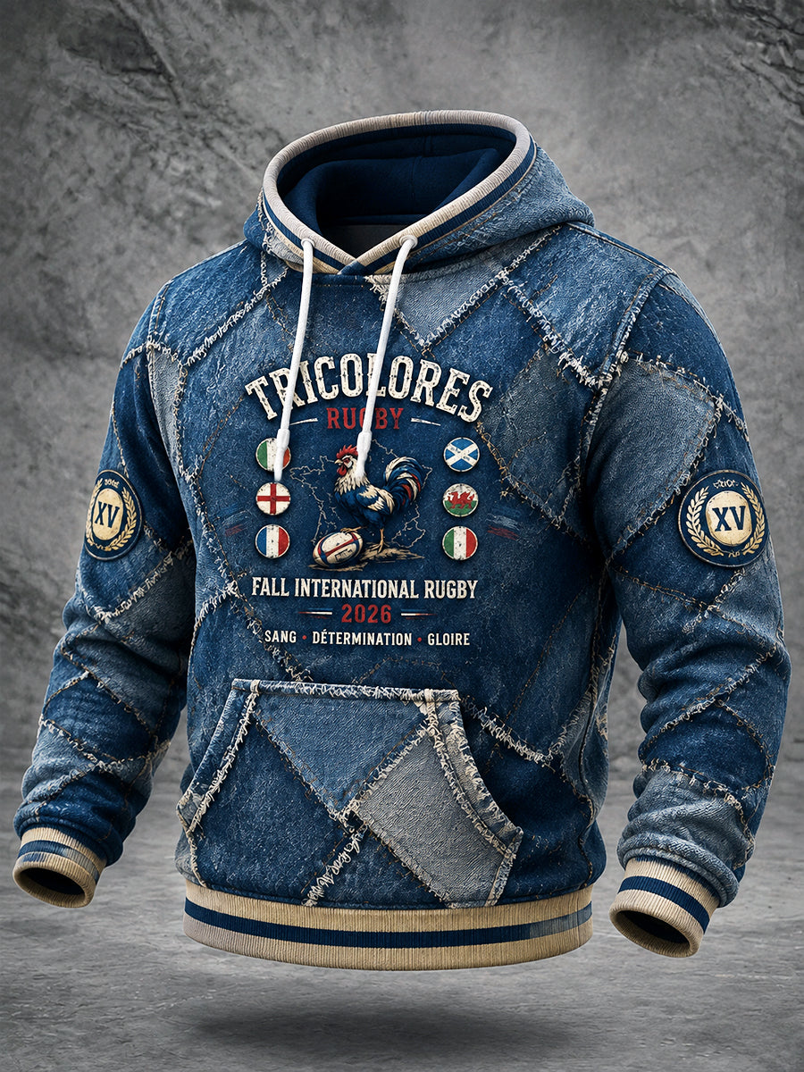 Sweat à capuche décontracté effet denim inspiré du rugby à l'automne pour homme