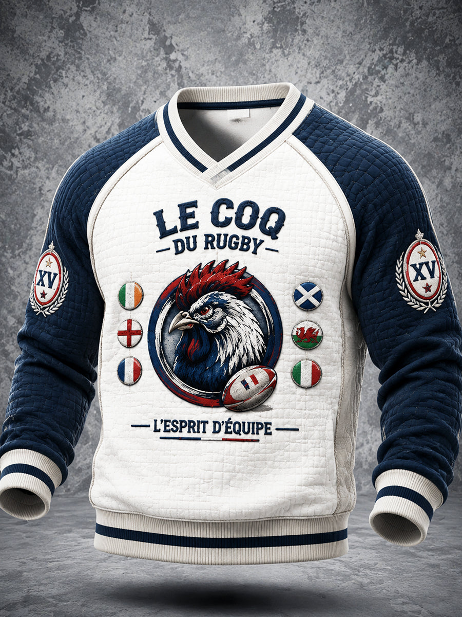 Hommes Français Automne Six Nations Rugby Patchwork Imprimer Casual V-cou Sweatshirt