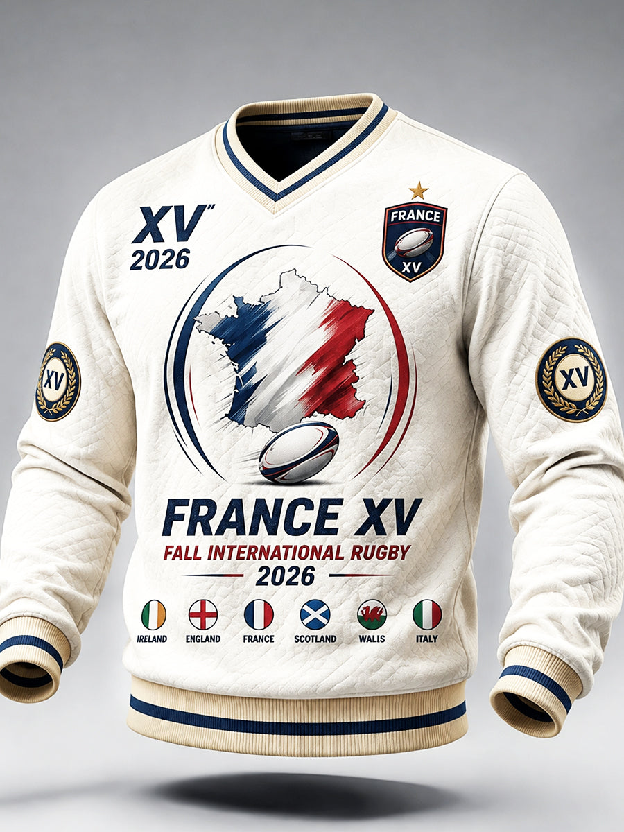 Hommes Blanc Français Automne Six Nations Rugby Imprimer Casual V-cou Sweatshirt