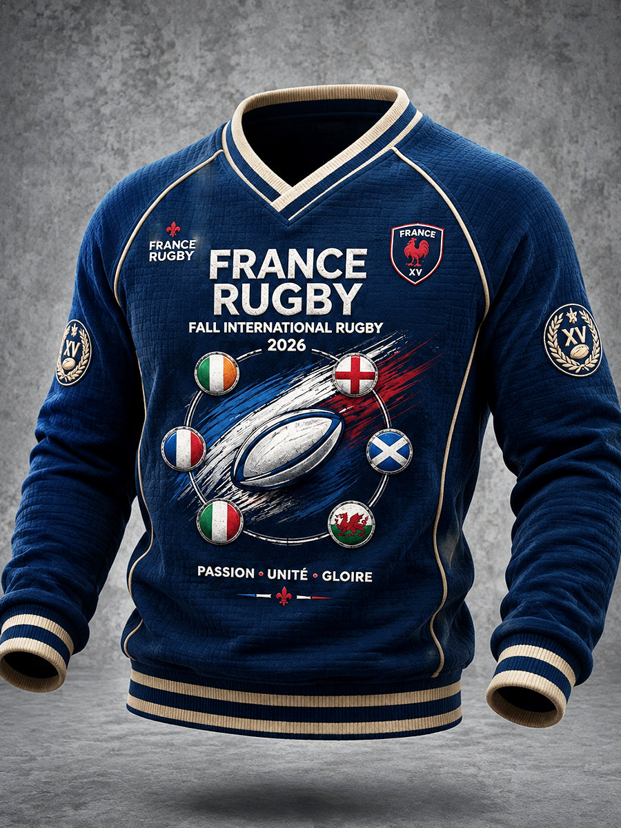 Hommes Bleu Foncé Français Automne Six Nations Rugby Imprimer Casual V-cou Sweatshirt