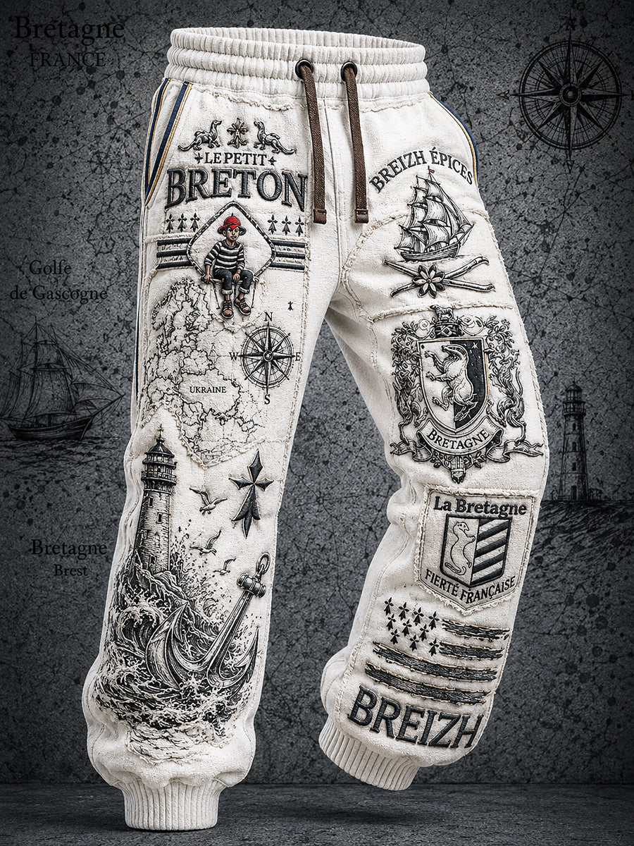 Hommes Vintage Blanc Français Bretagne nautique Patchwork Imprimer Pantalon décontracté