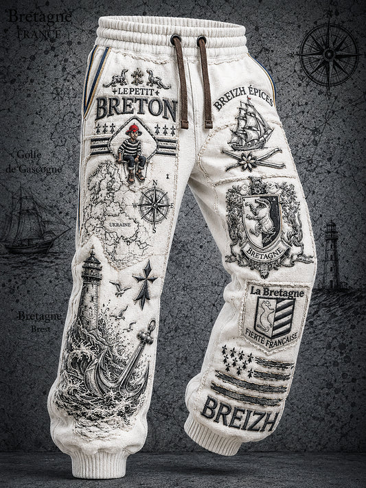 Hommes Vintage Blanc Français Bretagne nautique Patchwork Imprimer Pantalon décontracté