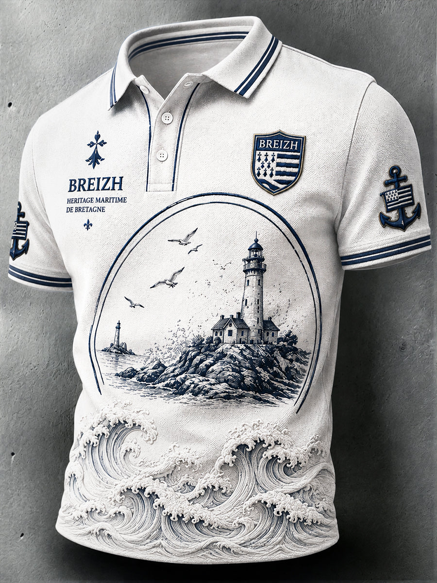 Polo Homme Blanc Style Breton Imprimé Marin Décontracté