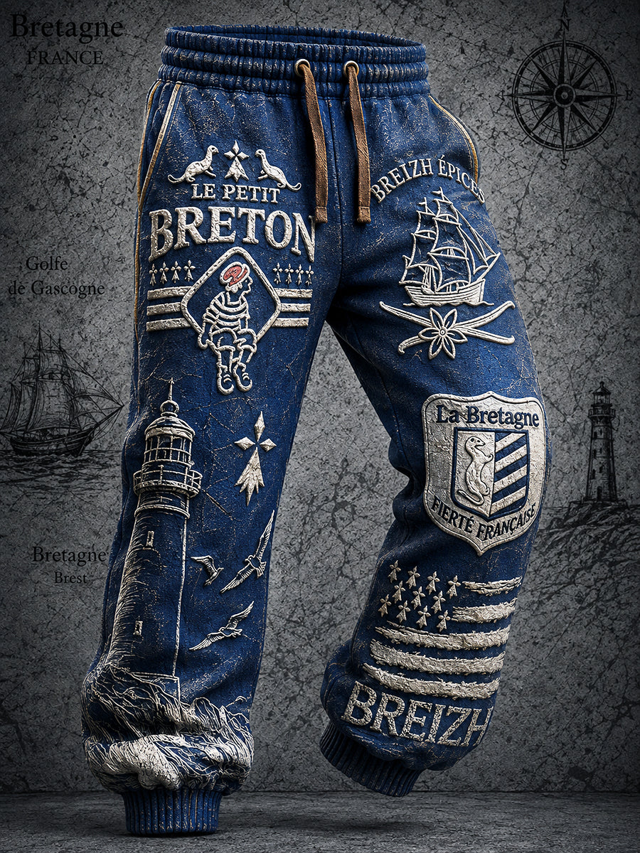 Pantalon Décontracté Homme Bleu Profond Style Breton Imprimé Nautique