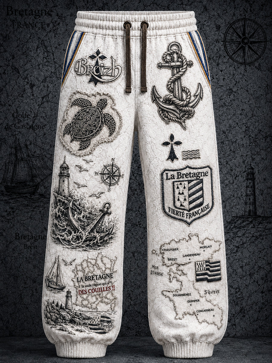 Pantalon décontracté vintage à imprimé nautique style breton blanc pour homme