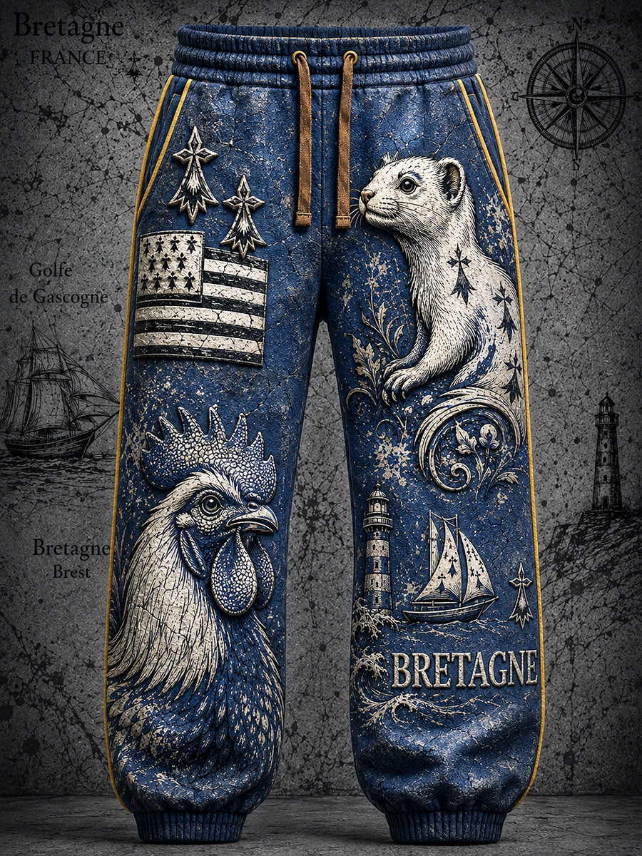 Hommes Vintage Bleu Foncé Français Bretagne Nautique Imprimer Pantalon Décontracté
