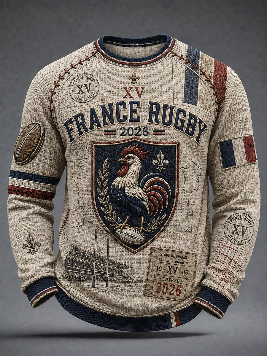 T-shirt manches longues en coton waffle pour homme, style rugby français