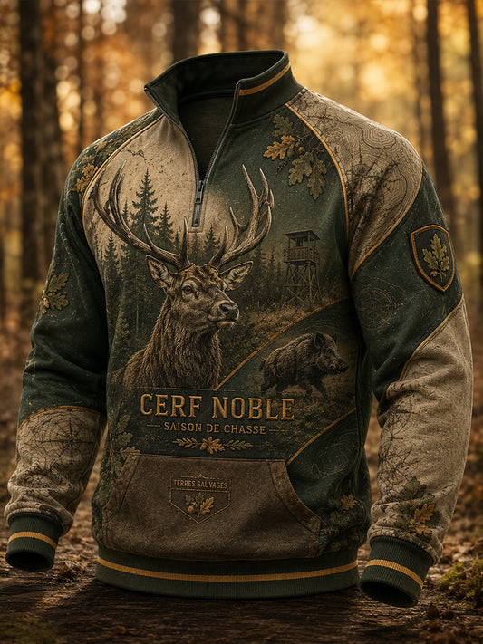 Sweat-shirt à demi-fermeture zippée et col montant pour la saison de chasse française, modèle homme