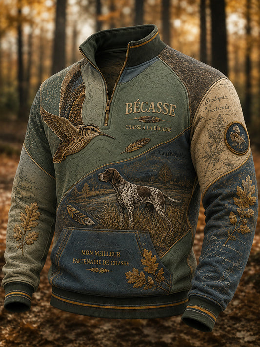 Sweat-shirt à demi-fermeture zippée et col montant pour la saison de chasse française, modèle homme