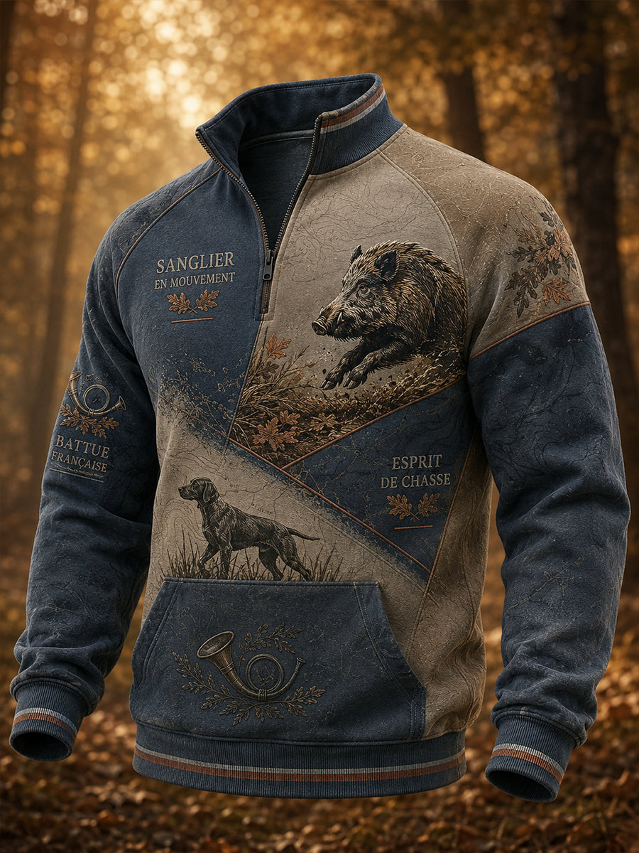 Sweat Homme Saison De Chasse Française Demi-Zip À Col Montant