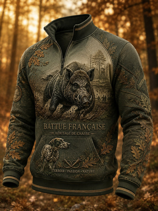 Sweat-shirt à demi-fermeture zippée et col montant pour la saison de chasse française, modèle homme