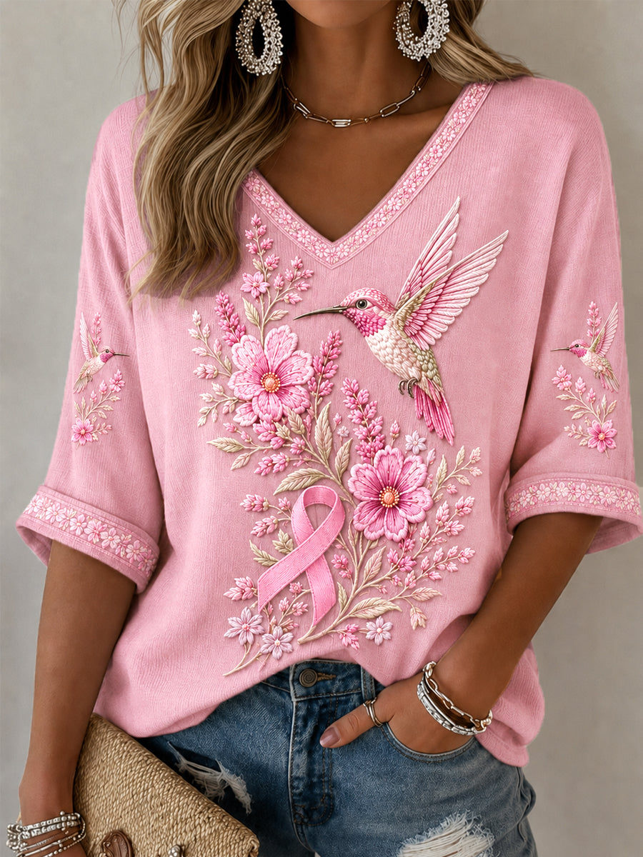 T-shirt à manches mi-longues et col en V pour femmes, imprimé floral rose et colibris, en soutien à la sensibilisation au cancer du sein