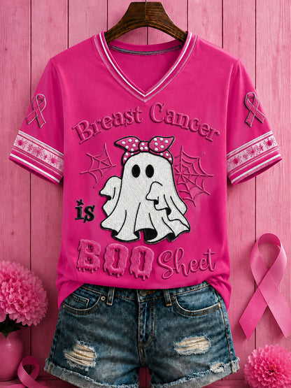 Femmes Halloween cancer du sein fleurs roses imprimé v-cou T-shirt