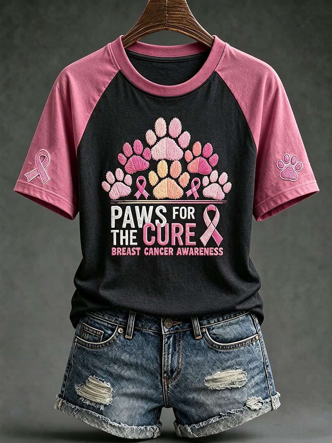 T-shirt décontracté à manches courtes, motif canin mignon avec le slogan «Paws For The Cure» sur le thème du cancer du sein chez la femme
