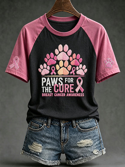 T-shirt décontracté à manches courtes, motif canin mignon avec le slogan «Paws For The Cure» sur le thème du cancer du sein chez la femme
