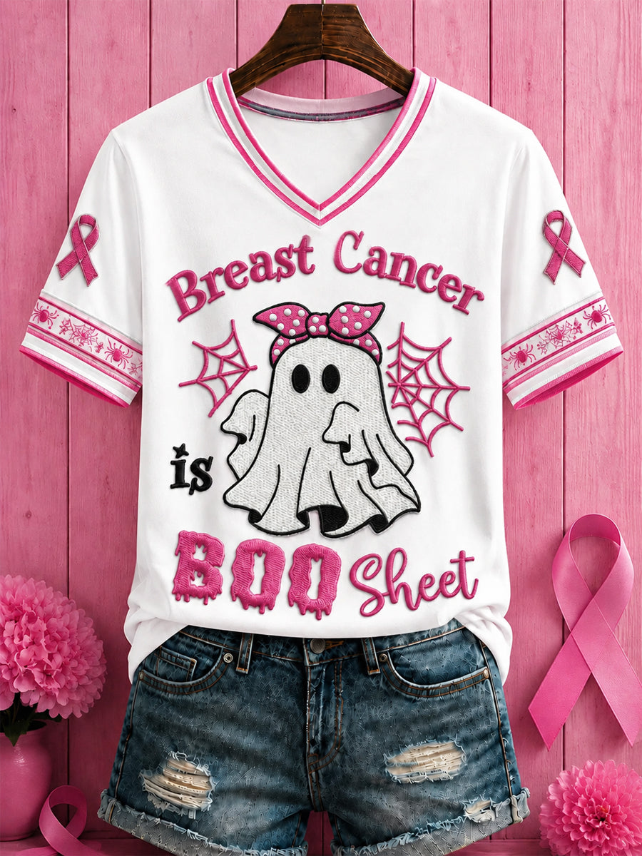 Femmes Halloween cancer du sein fleurs roses imprimé v-cou T-shirt